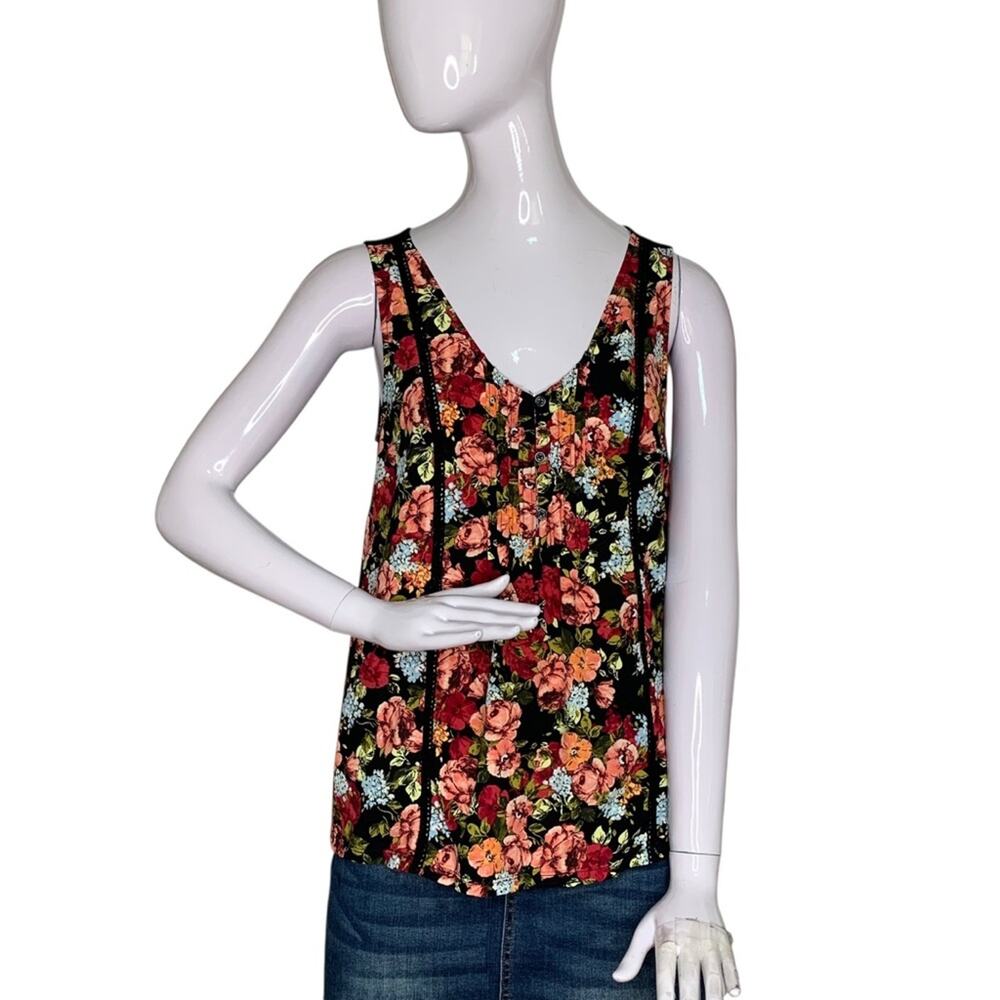 Merona Top Front Multicolor Floral Print Back Solid Black Sleeveless Size M